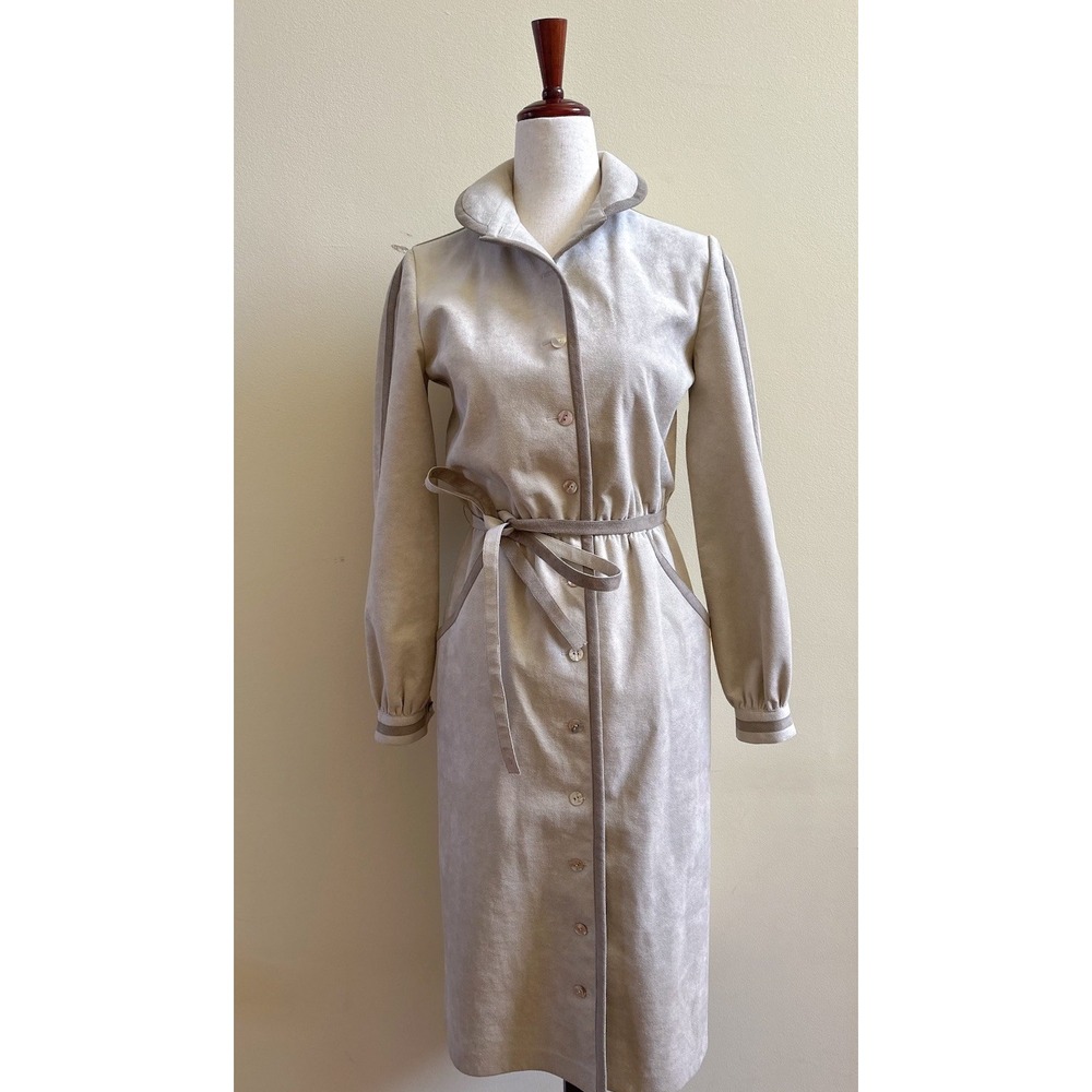 Mollie Pannis Vintage Ultra Suede Dress Coat Button Front Designer USA Beige S